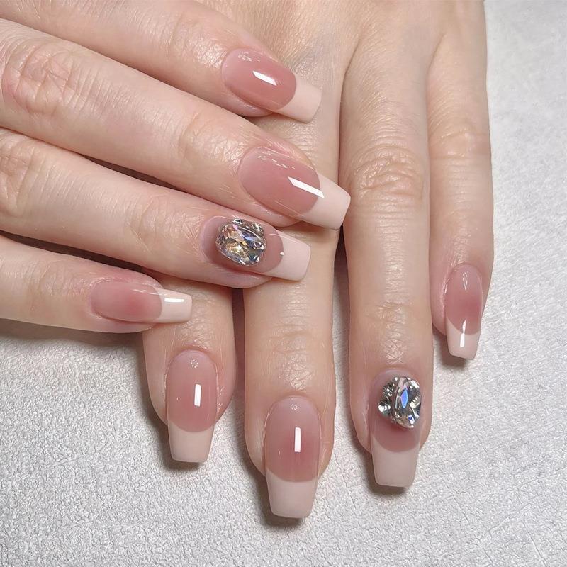 Handmade Blush Gradient Square Diamond Press-On Nails - Nude Whitening Nail Tips