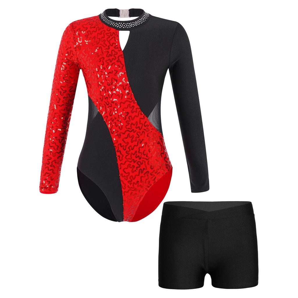 Купальник із блискучим декором із блискучими паєтками з довгими рукавами та шортами Одяг для катання на ковзанах для танцювальної гімнастики