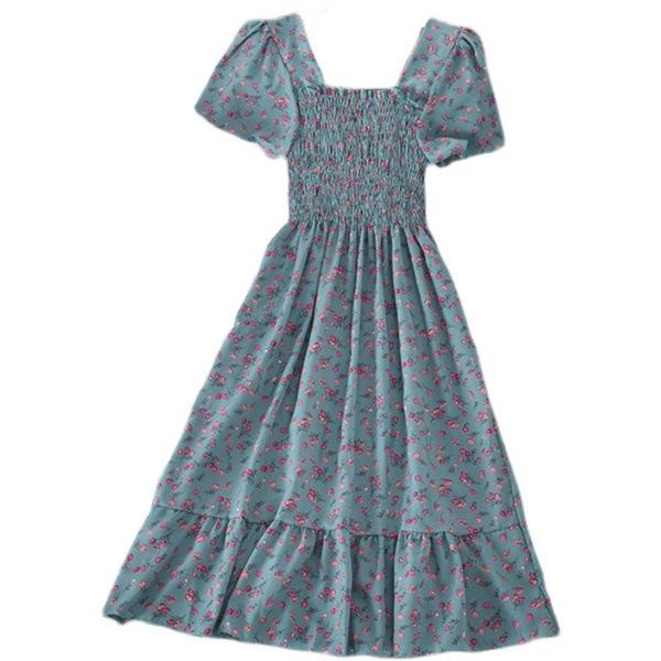 Moda Estiva Abito Casual a Maniche Corte da Donna Vita Elastica Stampato Floreale A-line Abito Midi Abito in Chiffon da Donna