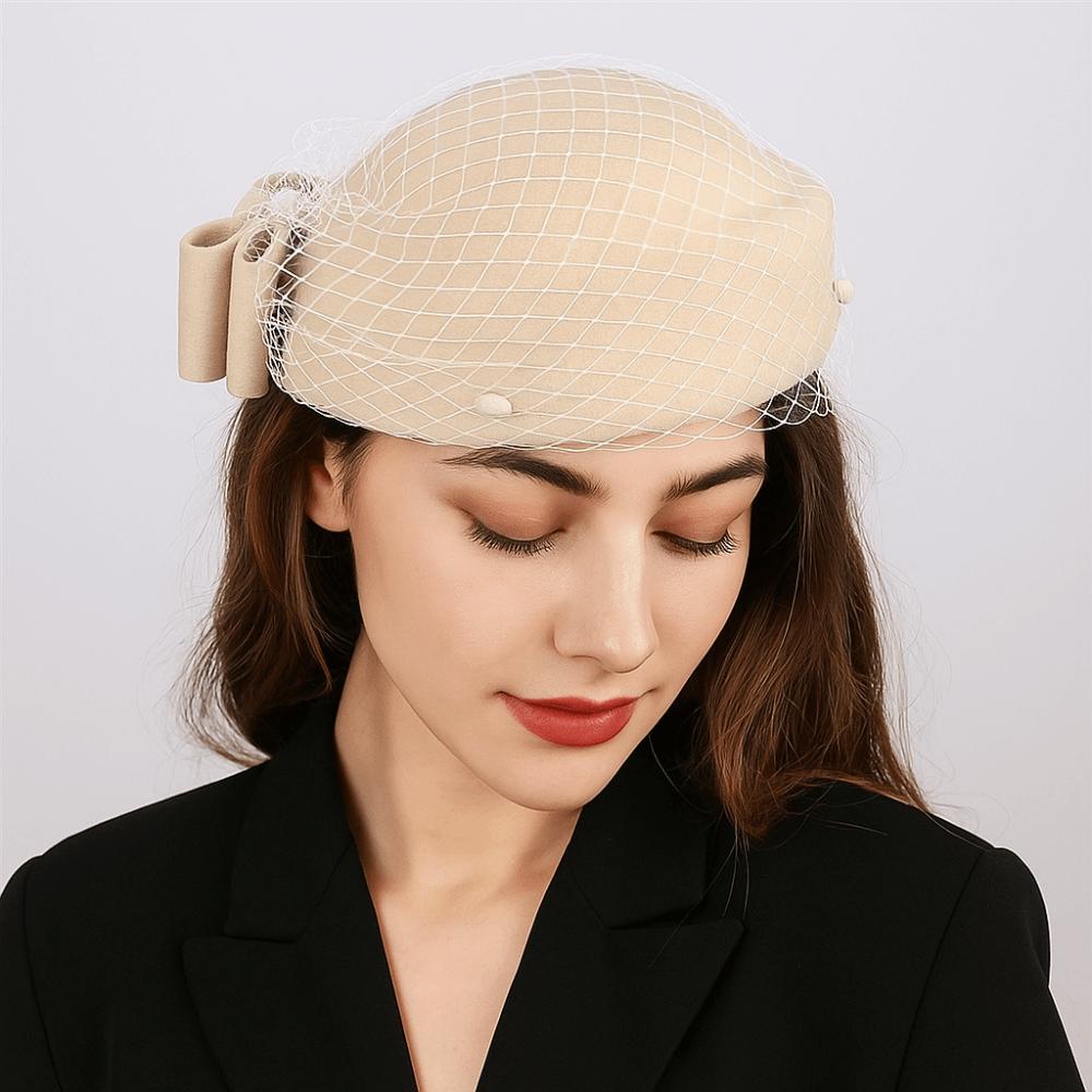 British Style Pillbox Hat Solid Color Stewardess Cap Vintage Wool Bow Hat with Veil  Wedding