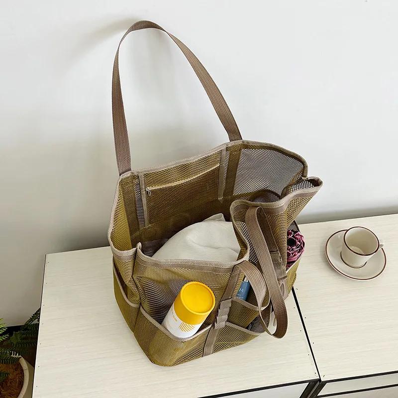 Bolsa de playa de malla portátil para mujer, bolsa de almacenamiento de maquillaje para viajes, bolsa de baño de verano, organizador, bolsa de compras