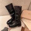 The Same Korean Blogger~ Round Head Pleated Buckle Belt Thick Heel Piled Boots Medium Tube Boots Women's New Autumn and Winter Models