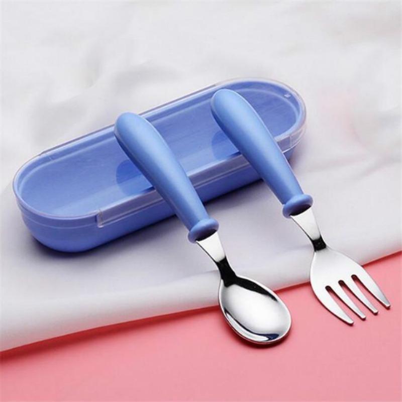 Stainless Steel Children's Spoon and Fork Set, Three-Piece Set Baby Tableware Maternity Gift Round Handle Spoon and Fork
