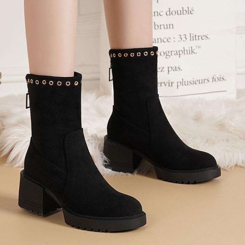Fashion Black Chunky High Heels Women's Snow Boots Winter Fleece-lined Booties Comfortable and Elegant Fashion Ladies Shoes on Promotion
