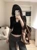 Spicy American Style Black V-Neck Mid-Sleeve Slim-Fit Women's T-Shirt for Early Spring