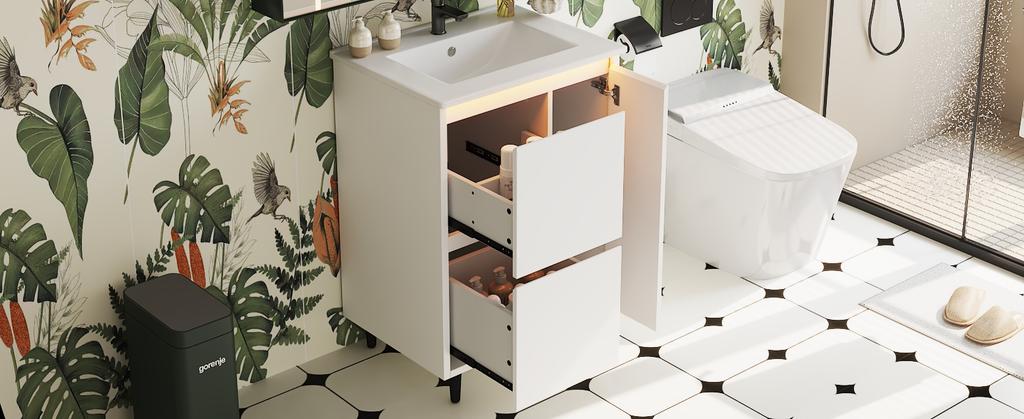 61*46.5*87cm, Freestanding Bathroom Washstand, Lacquered Surface, Integrated Ceramic Basin, Soft-Close Hinges, Two Drawers, High Foot Design, White.