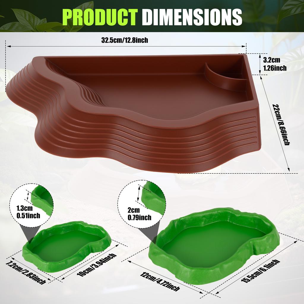 3Pcs Tortoise Water Dish Set Plastic Reptile Water Bowls with Ramp Turtle Pool Aquarium Habitat Accessories Small Pet Supplies