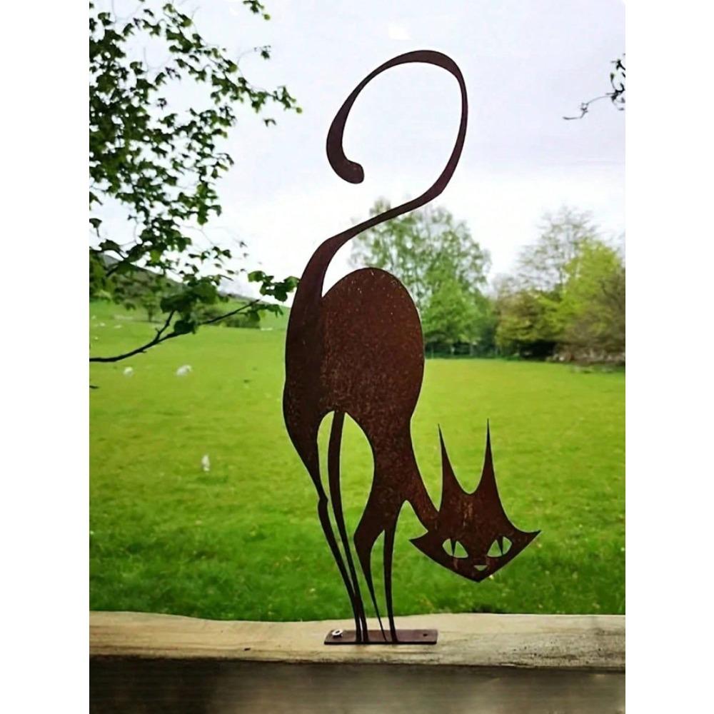 Wrought Iron Cat Garden Sculpture Rustic Animal Decor Lawn Stake For Outdoor Patio Party Ornament Gift