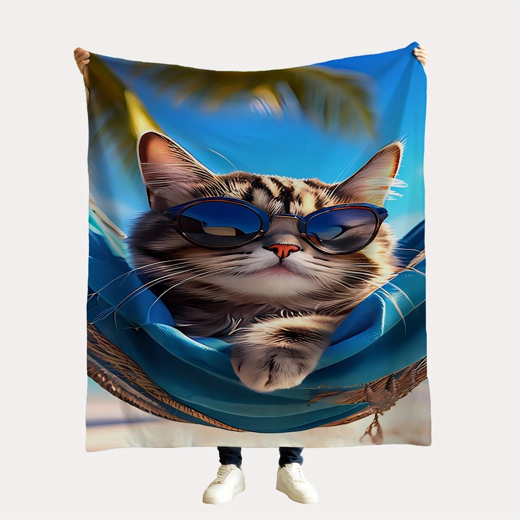 Cool Cat Sunglasses Blanket - Soft Throw with Beach Design, Perfect Home Decor, Unique Gift for Cat and Summer Lovers