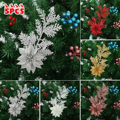 5X Noel Poinsettia Parıltılı Çiçek Çam Dalları Ağaç Asılı Parti Dekoru