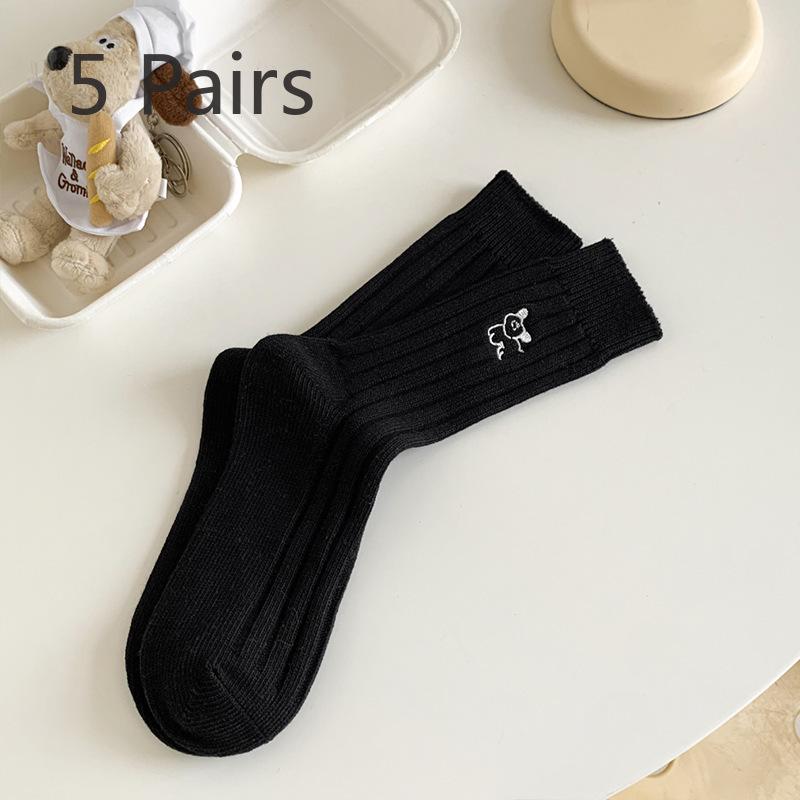 5 Pairs of Female Spring and Autumn Embroidery Puppy Vertical Stripes In Tube Pile Socks