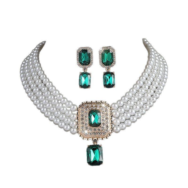 Multi-layer Bridal Anti-Pearl Earrings Necklace Geometric Crystal Full Diamond Necklace Set Choker Female