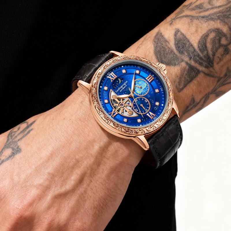 Montre Mécanique Automatique de Luxe pour Homme d'Affaires, avec un Design Squelette, Cadran Sculpté Rétro Élégant comme Cadeau Montres-Bracelets