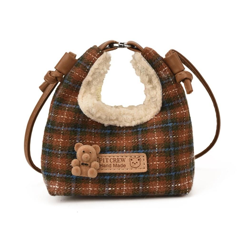 

Vintage Mini Dumpling Handbag Bear Cartoon Shoulder Bag Gift Plush Plaid Crossbody Bag Children коричневий