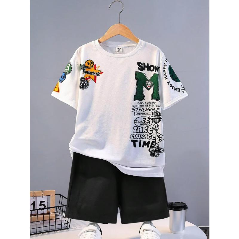 

Summer Kids Suit Boys Loose Casual Crewneck Patterned Short-sleeved T-shirt and Shorts Comfortable Cool Tracksuit 150