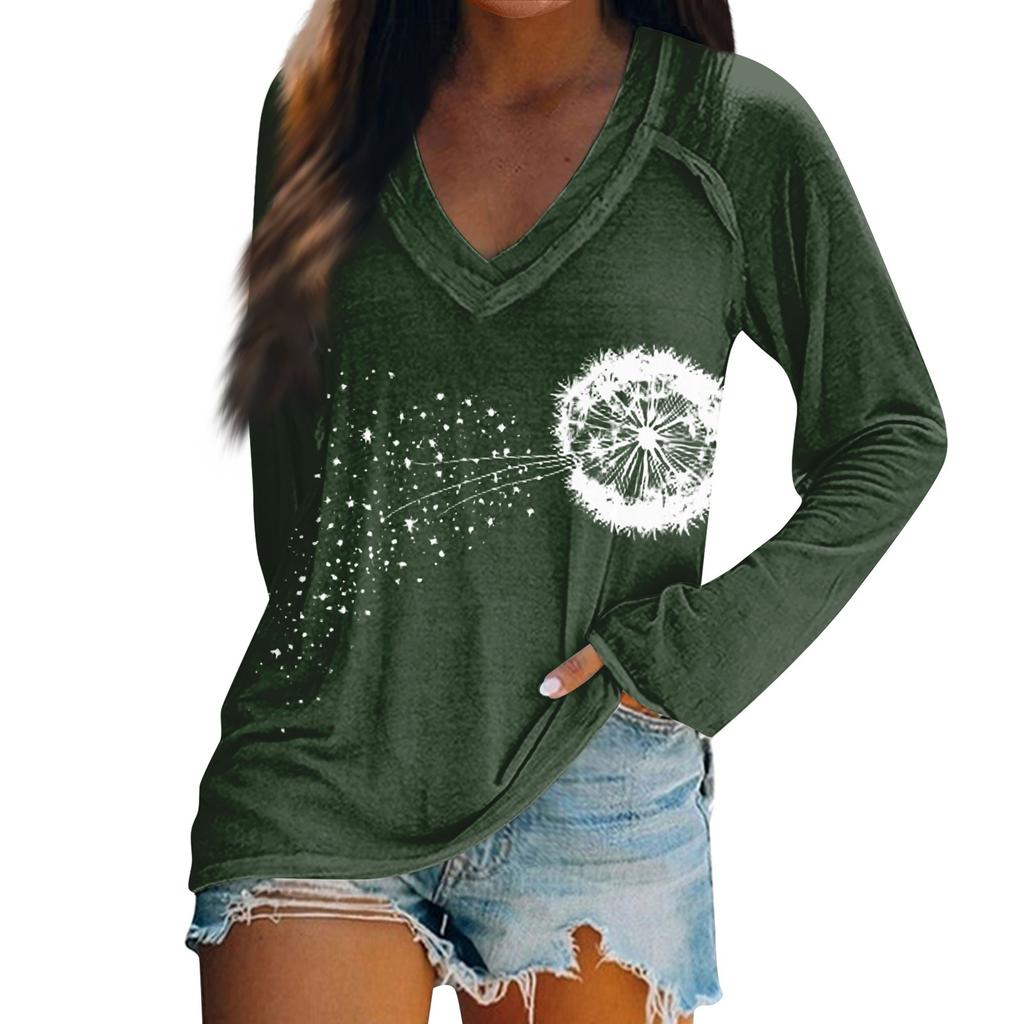 Damski T-shirt z długim rękawem, dekoltem V, nadrukiem wielkanocnym, casualowy, komfortowy top