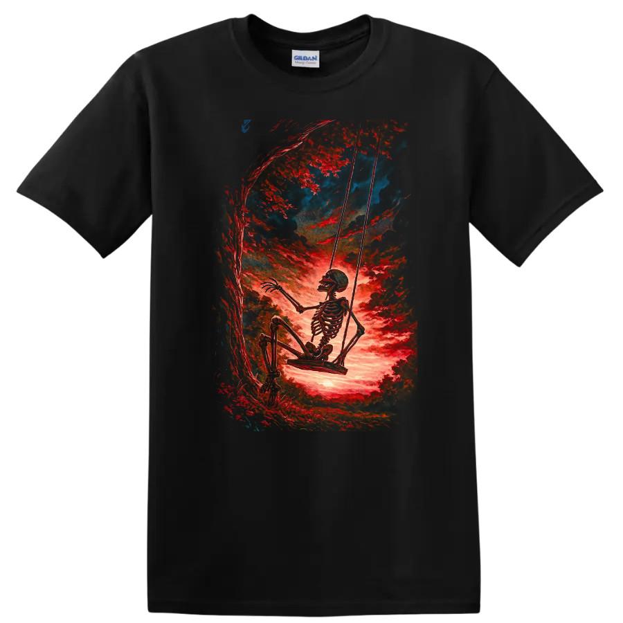 Skeleton Swinging T Shirt Creepy Halloween Ghostly Design Graphic Tee