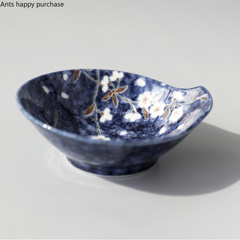 Blue Ceramic Plate Cherry Blossoms Seasoning Dish Dipping Bowl Snack Dish Snack Tray Dessert Plate Taste Dishes Decorative Bowls