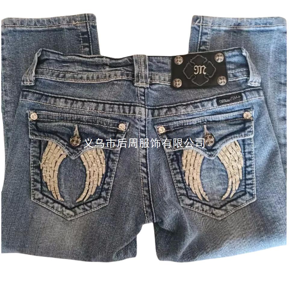 Women's Mid Rise Skinny Jeans Slim Fit Vintage Y2K Wing Embroidery Pocket Decor Non Stretch Denim Trousers