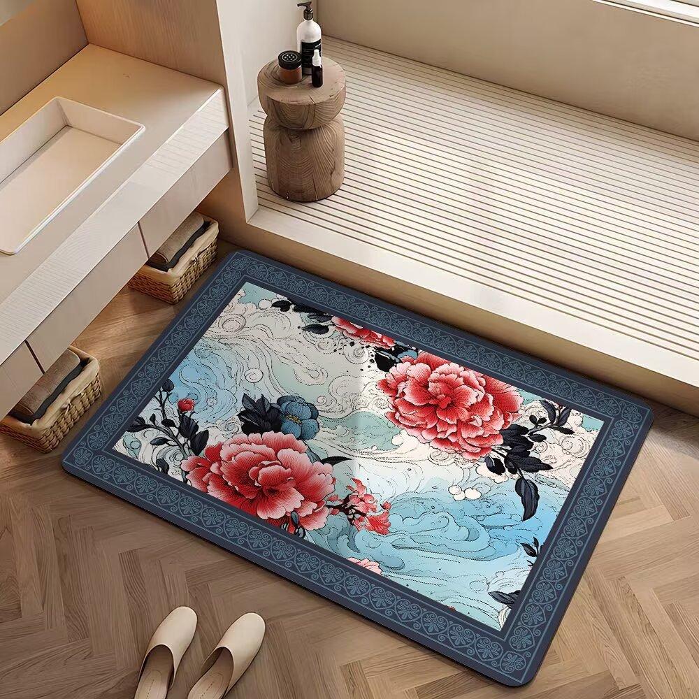 New Chinese-Style Flower Diatom Mud Floor Mat, Toilet Cushion, Door-To-Door Bathroom Quick-Drying Toilet Door Mat