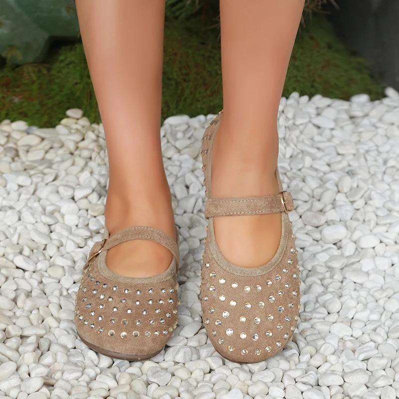 

Glitter Decoration Suede Mary Jane Shoes Women 2025 Summer Brand Design Round Toe Low Heel Pumps Sweet Ballet Shoes 35