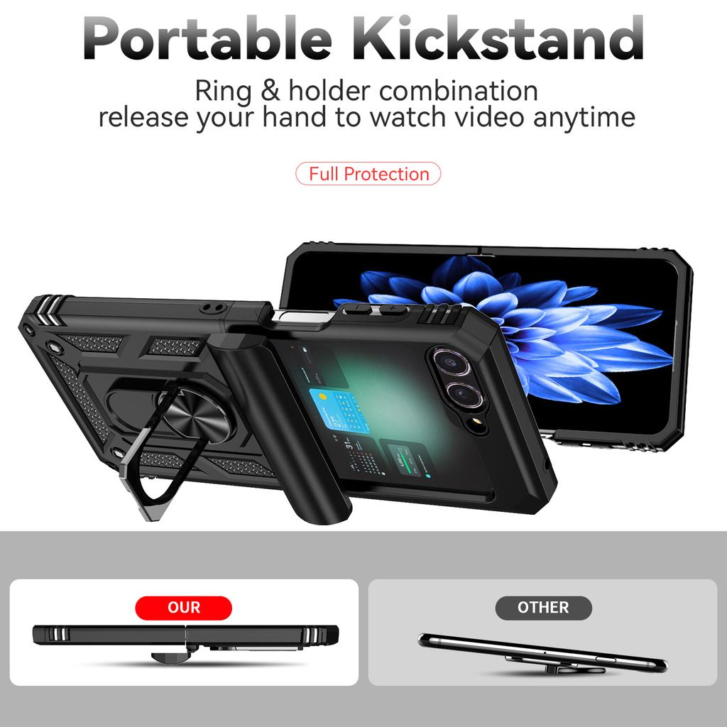 For Samsung Galaxy Z Flip 6 5 4 3 Case with Slide Lens Cover, 360° Magnetic Ring Kickstand Upgraded Military Grade Shockproof