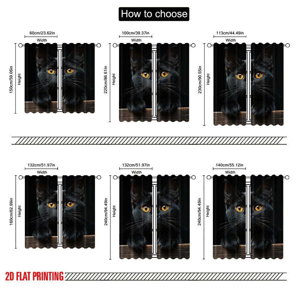 2D Flat Printing 2pcs Window Curtains Black Cat Animals Versatile Polyester Fabric  Without Electricity Family Party Decoration