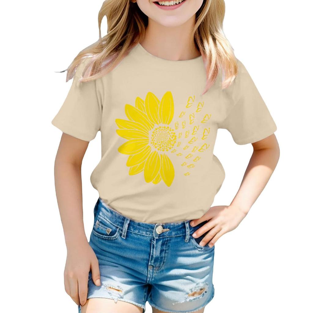 Kids Fashion Short Sleeve Round Neck Floral Printed Casual T-Shirt Top