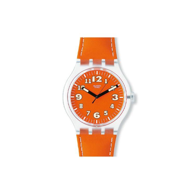 Swatch Quartz Movement 30M Water Resistant Watch 44Mm Orange Dial Plastic Case Leather Strap Unisex watches SUDK102 Orange