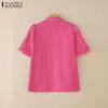 ZANZEA Women Turn Down Collar Short Sleeve Hollow Crochet Patchwork Blouse