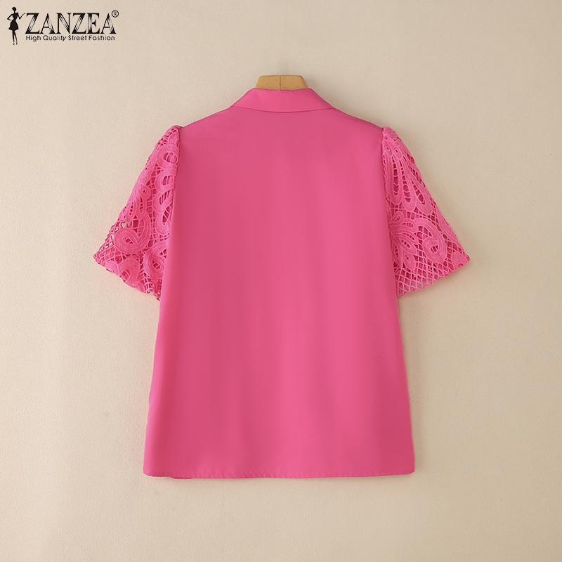 ZANZEA Bluză de damă cu guler polo, mâneci scurte, croșetată ajurată patchwork