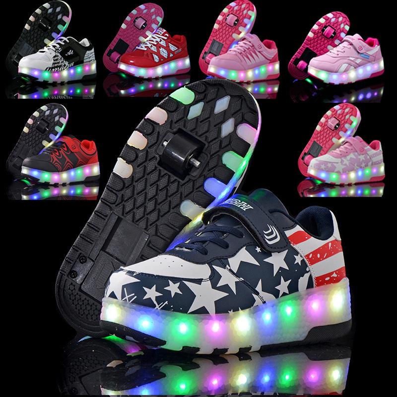 New Boys Vibrating Luminous Shoes Girls Fashion Double Wheel Runaway Shoes Children's Shoes with Wheels 2025
