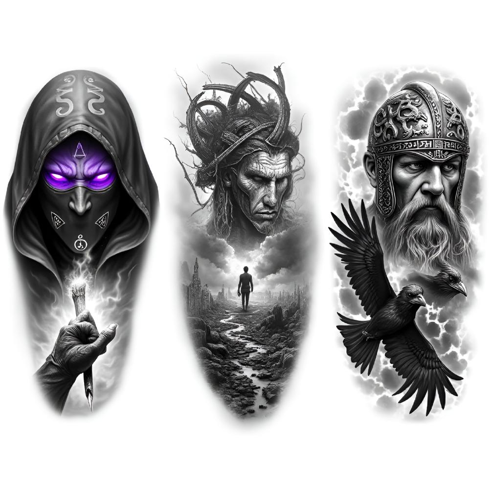 3pcs Temporary Tattoo Fantasy Tattoos Waterproof Long-lasting Body Stickers Warrior Tattoos Black And Grey Realism For Arms