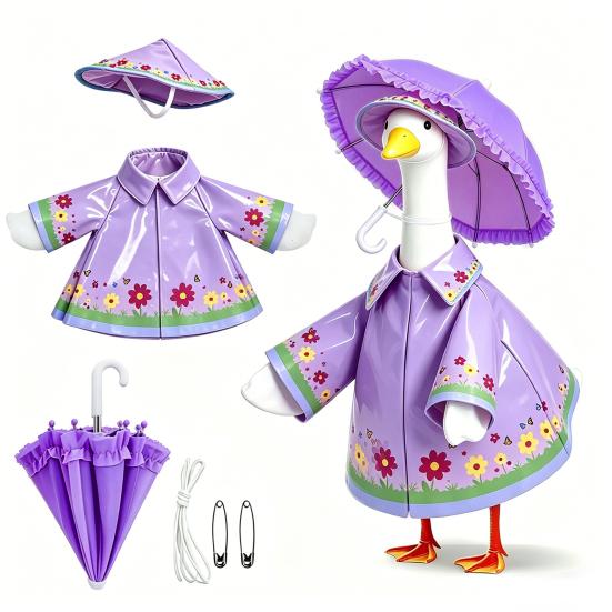 1 Set Porch Goose Outfit Waterproof Goose Raincoat Hat And Umbrella Summer Goose Floral Costume Fits 23 Inch Lawn Goose Statue Outdoor Decor Garden