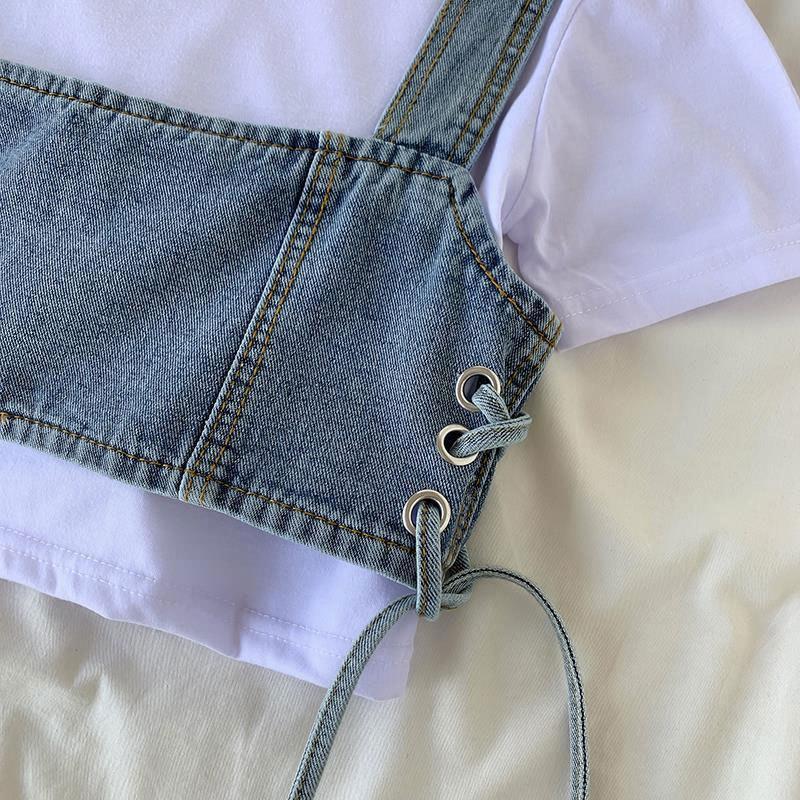 Stylish Vest Elegance Fashion Casual Tie Slim Short Section Outwear Denim Camisole Female Design Single-breasted Stacked Small Undershirt Female