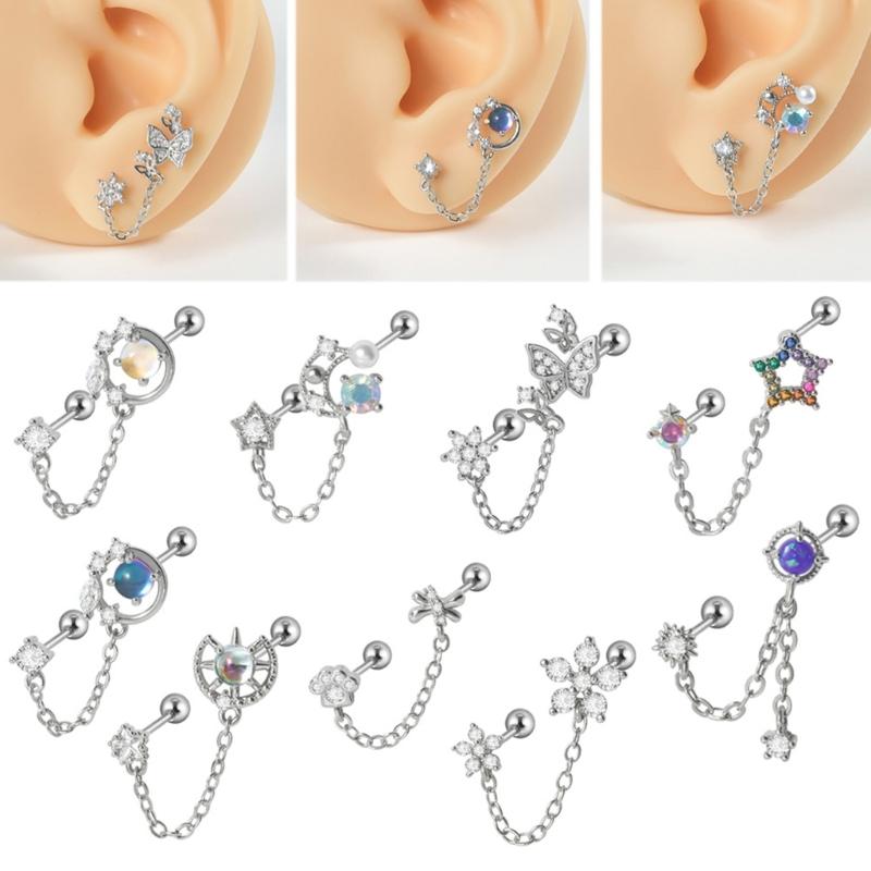 Colorful Zircon Tragus Helix Ear Lobe Stud Chain Link Earring Women Drop Ear Ring Fashion Jewelry for Daily Wear