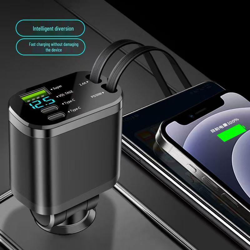 Dual-Line Retractable Car Charger with Digital Display, PD Fast Charging for Huawei & Apple.