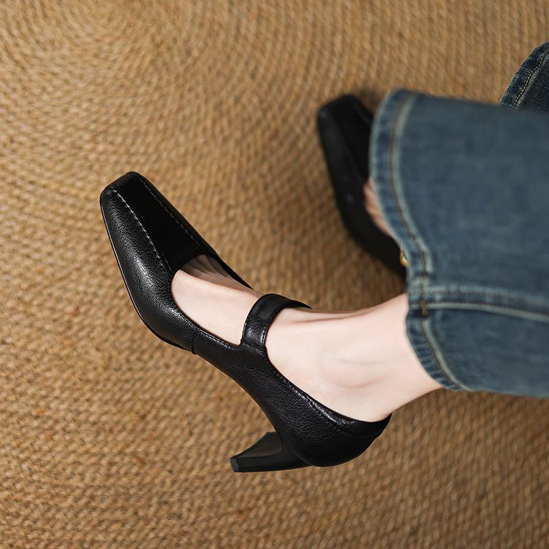 Fashion 2025 New Fashion Women Pumps Shoes Chunky High Heels Spring Mary Jane Summer Square Toe Casual Shoes Woman Black Size 34-40