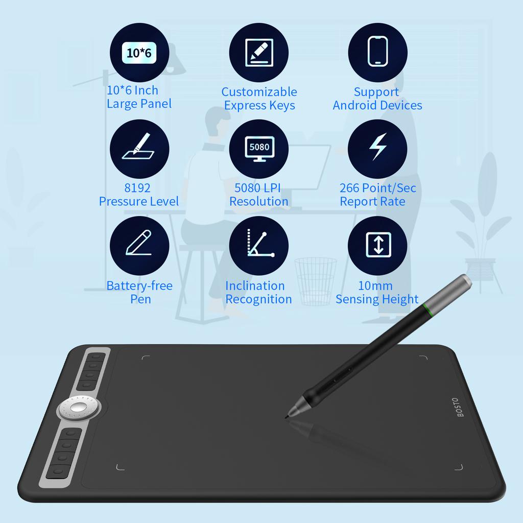 BOSTO T1060 10 x 6 İnç Dijital Sanat Grafik Çizim Tableti Pilsiz Kalem 10 Kalem Ucu 8192 Seviye Basınç 8