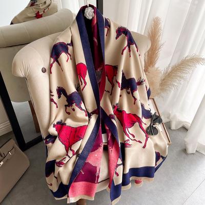 Elegant Autumn And Winter Versatile Horse Jacquard Imitation Cashmere Scarf Women'S Short Beard Tassel Travel Outside With Warm Scarf
