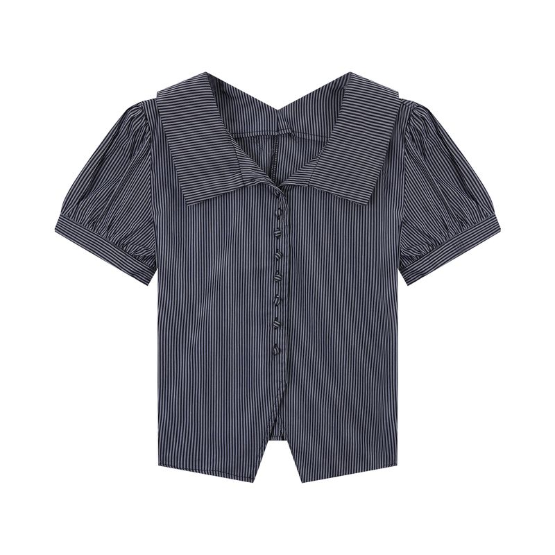 

Kumikumi Design Sense Stripe Lapel Short sleeve Shirts Women Summer Niche Versatile Slim fit Slimming Temperament Top Black L