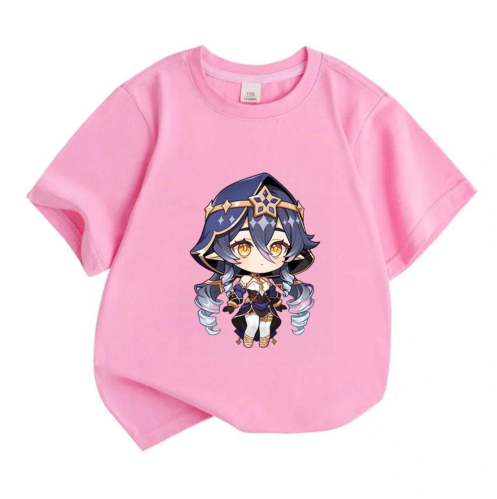 Kids Boys Girls 100% Cotton O-Neck Short Sleeve T-Shirt, Cute Chibi Anime Game Character Printed Casual Soft Breathable Daily Summer Tee Top for Child