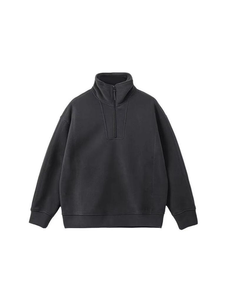 Hong Kong Style Solid Color Fleece Half-Zip Polo Shirt - Men's Retro Loose Casual Hoodie
