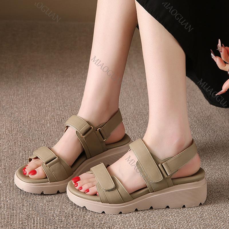 Fashion Retro Thick Bottom Roman Sandals Female Summer New Large Size Versatile Wedges Middle Heel Sandal Casual Solid Open Toe Sandales
