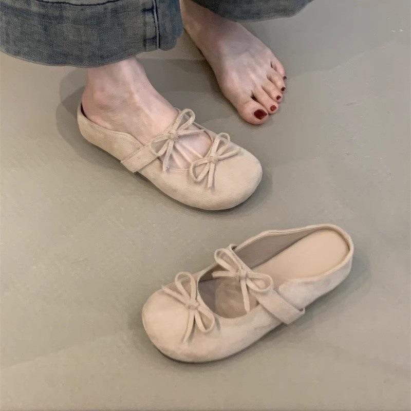 Gentle Bag Head Slippers New Temperament Elegant Bow Round Head Inner Height Lazy Half Drag