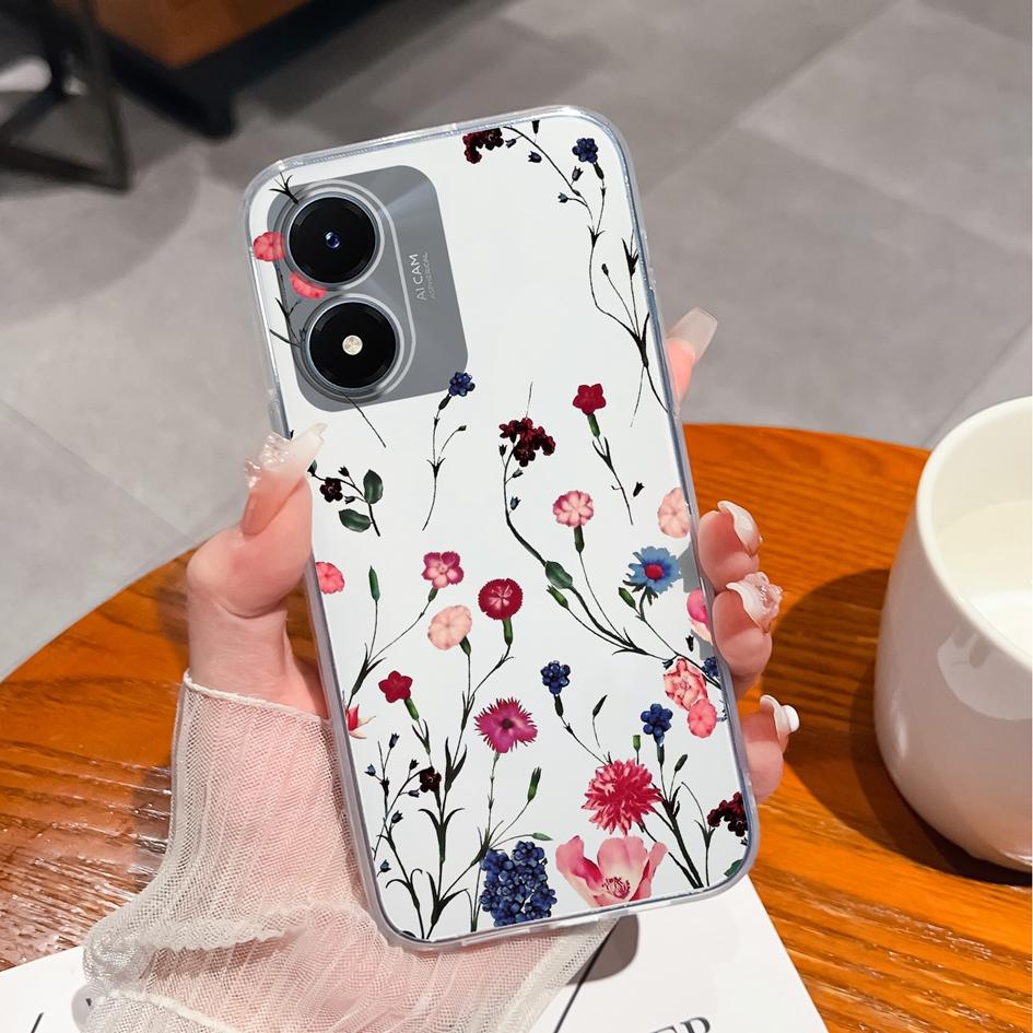Étui de téléphone pour Vivo Y27 Y15 Y21 Y20 Y36 Y33 Y02S Y10, coque arrière de luxe antichoc, sac de téléphone Transparent mat en Silicone souple, fleur pour Vivo pare-chocs