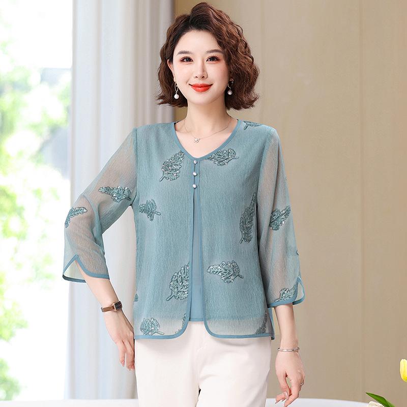 

2026 Elegant Summer Chiffon Top - New Chinese Style Short-Sleeve for Stylish Middle-Aged and Elderly Women 5XL (recommended 150-165 jin) небо синє кольору