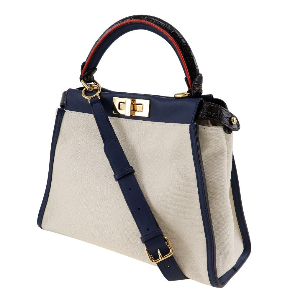 Fendi Peekaboo Handbag 8BN290 2WAYShoulder White / Navy canvas/Calfskin Women Used