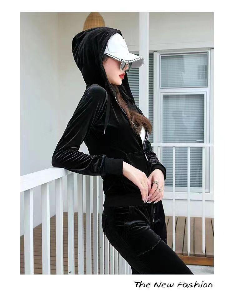 Golden Velvet Women's Casual Sports Suit: Autumn Petite Fashion Sweatshirt & Flared Pants Two-Piece Set