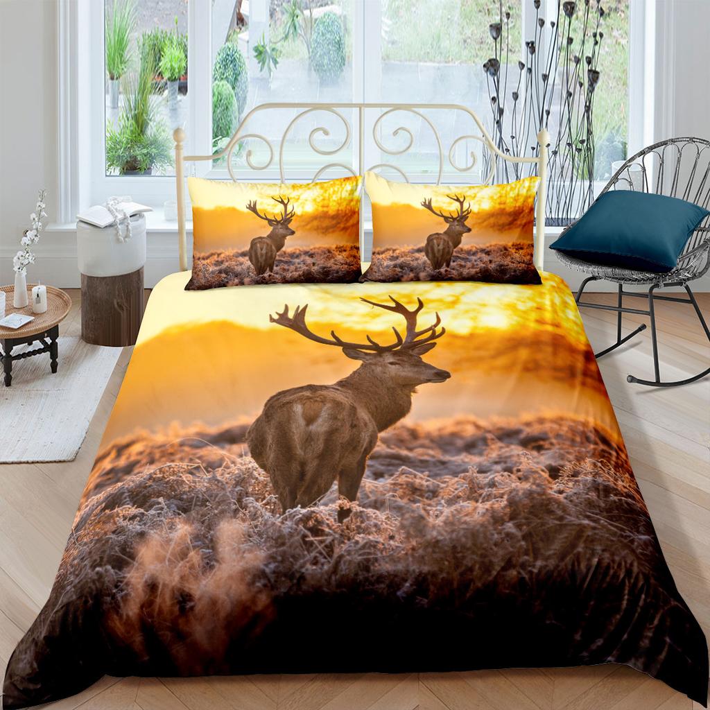 Deer Duvet Cover King/Queen SizeWildlife Bucks Fire Pattern Print Bedding Set For Teens Adults MenBrown Elk Animal Quilt Cover